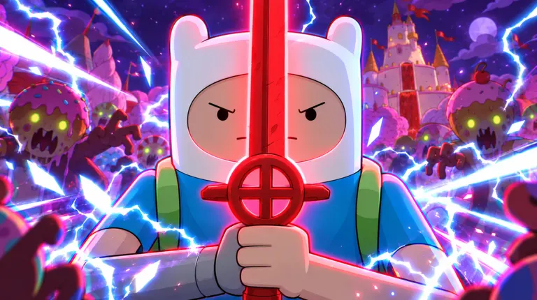 Finn with a red sword facing candy zombies